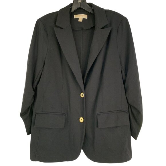 Michael Kors Womens Scrunch Sleeve Black Blazer L 3/4 Sleeve Gold RJ10618 - Picture 1 of 9